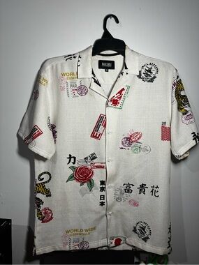 Malibu White Short-Sleeve Button-Down Shirt with Multicolor Stamp Prints